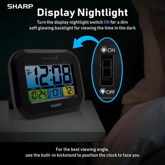 Alt view image 4 of 7 - Sharp Digital Atomic Alarm Clock with LCD Display Always-On Backlight Option, Adjustable Brightness Easy-to-Read Front View, Perfect for Bedroom, Office or Kitchen