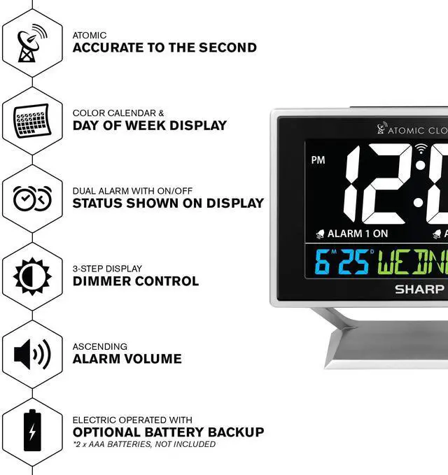 Alt view image 3 of 7 - Desktop Dual Alarm Clock with Color Display - Atomic Accuracy - Calendar & Day of Week Time/Date Display