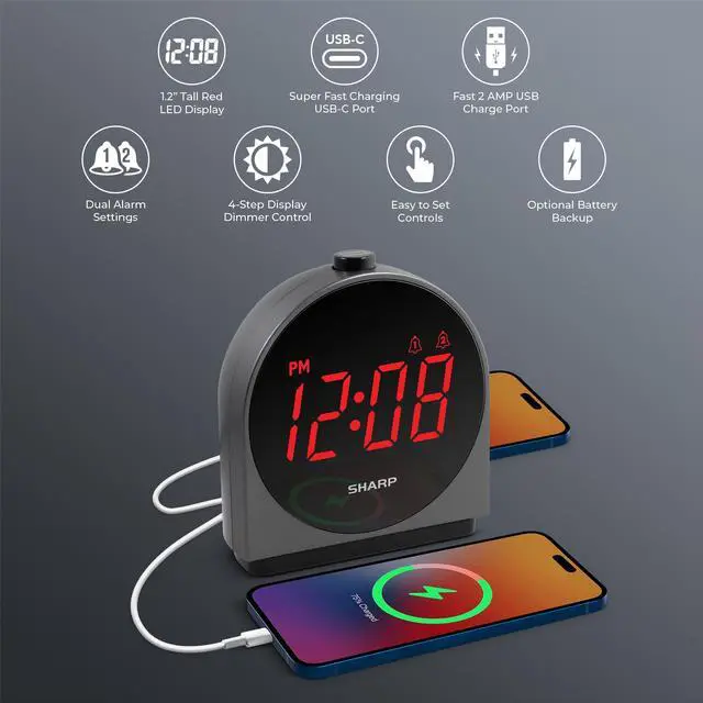 Alt view image 2 of 6 - Alarm Clock for Bedroom, 2 Alarms, Easy to Read Display, Simple Basic Digital Clock with Dual USB and USB-C Charging Ports, Dimmable, Snooze, Perfect for Kids, Teens, Senior, Home Office, Black