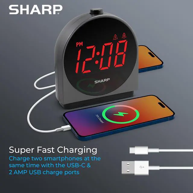 Alt view image 3 of 6 - Alarm Clock for Bedroom, 2 Alarms, Easy to Read Display, Simple Basic Digital Clock with Dual USB and USB-C Charging Ports, Dimmable, Snooze, Perfect for Kids, Teens, Senior, Home Office, Black