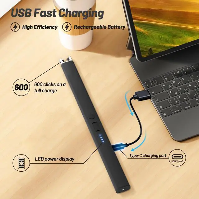 Alt view image 3 of 6 - AJIJING Electric Candle Lighter, Windproof, Safety Lock, USB Type-C, Rechargeable Lighter with Led Display, for Candle BBQ Camping Festivals (Black)