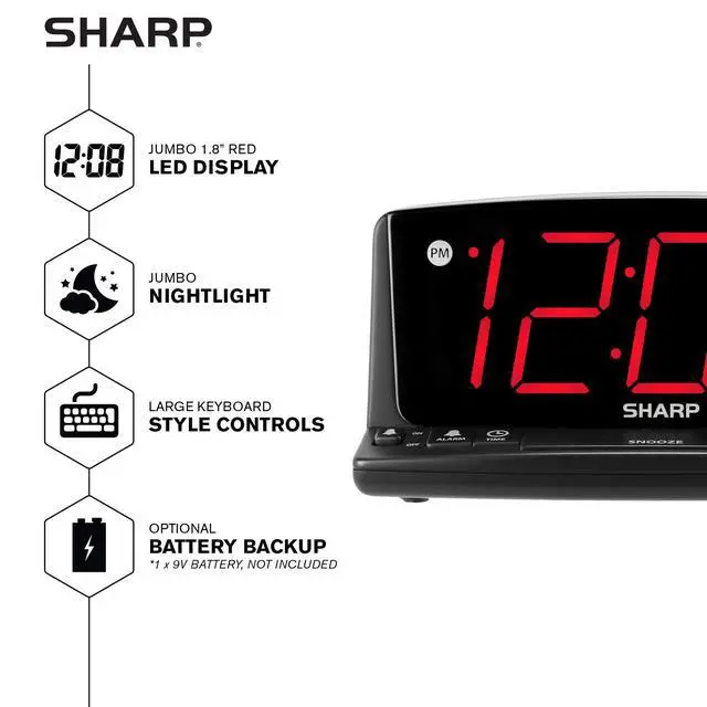 Alt view image 2 of 7 - Sharp LED Digital Alarm Clock Simple Operation - Easy to See Large Numbers, Built in Night Light, Loud Beep Alarm with Snooze, Bright Big Red Digit Display