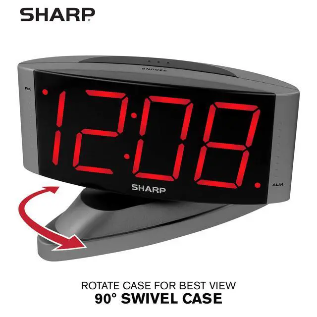 Alt view image 3 of 5 - Sharp Home LED Digital Alarm Clock Swivel Base - Outlet Powered, Simple Operation, Alarm, Snooze, Brightness Dimmer, Big Red Digit Display, Gun Metal Grey Case