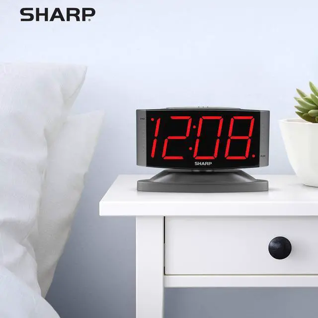 Alt view image 5 of 5 - Sharp Home LED Digital Alarm Clock Swivel Base - Outlet Powered, Simple Operation, Alarm, Snooze, Brightness Dimmer, Big Red Digit Display, Gun Metal Grey Case