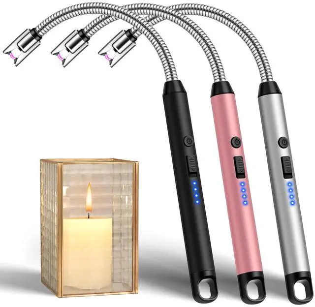 Main image of LcFun 3 Pack Electric Candle Lighter Windproof USB Rechargeable Plasma Lighter with LED Battery Display, Flameless Long Arc Lighters for Candle Grill BBQ Camping Stove (Black,Silver,Pink)