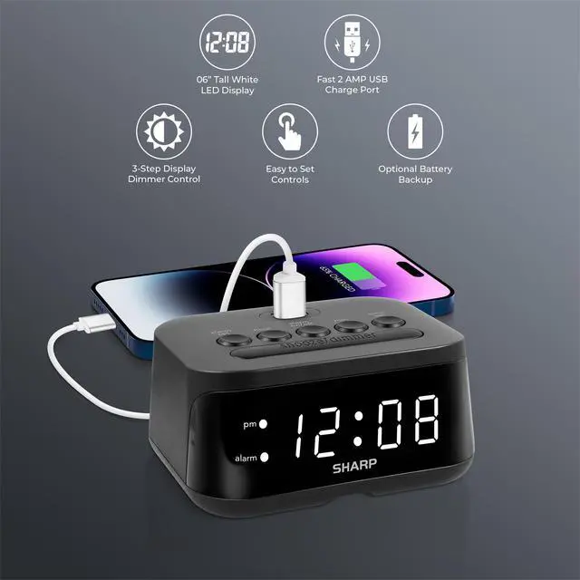 Alt view image 2 of 5 - Sharp Digital Alarm Clock with USB 2 AMP Fast Charge Port & White LED Display