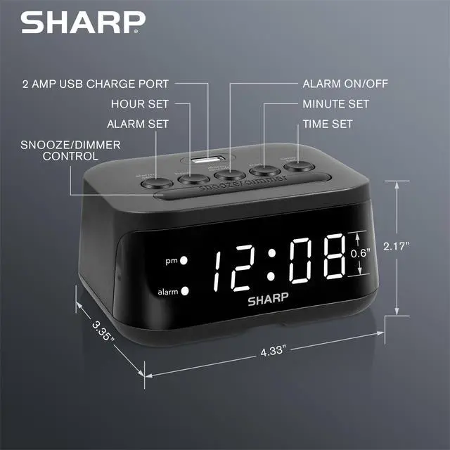 Alt view image 4 of 5 - Sharp Digital Alarm Clock with USB 2 AMP Fast Charge Port & White LED Display