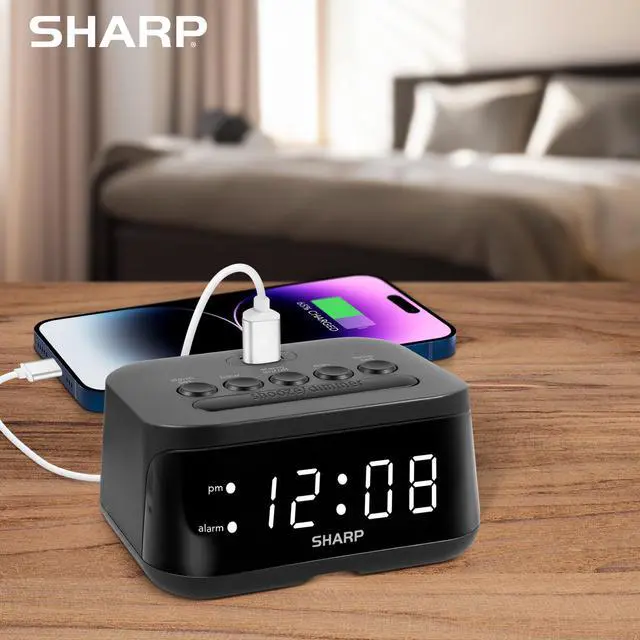 Alt view image 5 of 5 - Sharp Digital Alarm Clock with USB 2 AMP Fast Charge Port & White LED Display