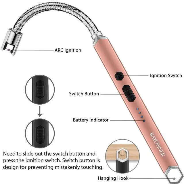 Alt view image 4 of 7 - RAYONNER USB Rechargeable Electric Candle Lighter Windproof Plasma Arc Lighter with Flexible Neck for Deep Jars, BBQ, Camping Flameless Fire Starter Christmas Stocking Stuffers Gift (Black&Rose Gold)