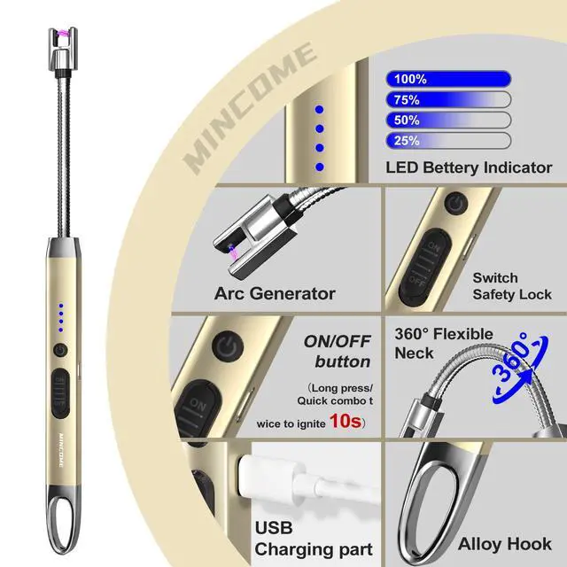 Alt view image 2 of 7 - MINCOME Candle Lighter, Windproof Flameless Electric lighters, Long Lighter with 360° Neck & Safety Switch, USB-C Rechageable LED Power Display Arc Lighters for BBQ Candle Birthday
