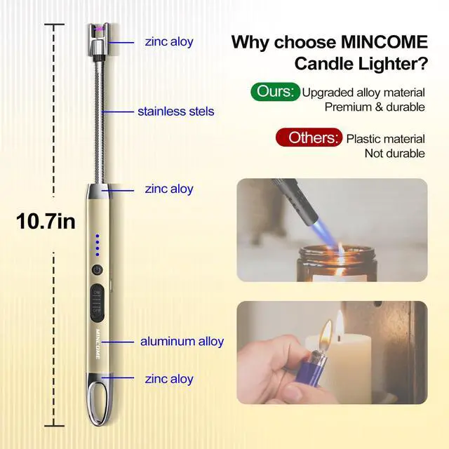Alt view image 3 of 7 - MINCOME Candle Lighter, Windproof Flameless Electric lighters, Long Lighter with 360° Neck & Safety Switch, USB-C Rechageable LED Power Display Arc Lighters for BBQ Candle Birthday
