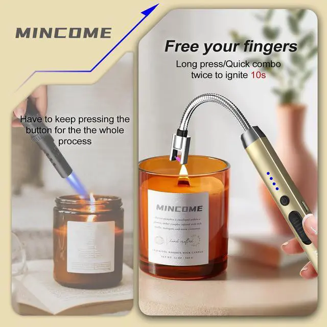 Alt view image 5 of 7 - MINCOME Candle Lighter, Windproof Flameless Electric lighters, Long Lighter with 360° Neck & Safety Switch, USB-C Rechageable LED Power Display Arc Lighters for BBQ Candle Birthday