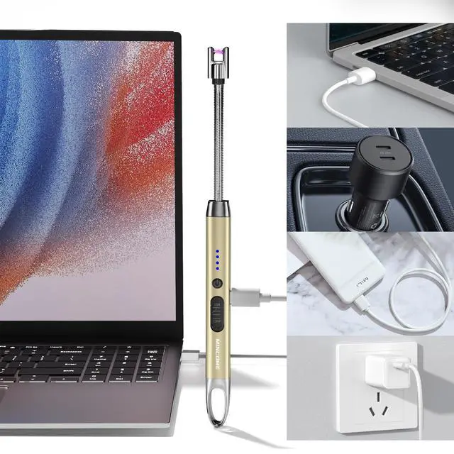 Alt view image 7 of 7 - MINCOME Candle Lighter, Windproof Flameless Electric lighters, Long Lighter with 360° Neck & Safety Switch, USB-C Rechageable LED Power Display Arc Lighters for BBQ Candle Birthday