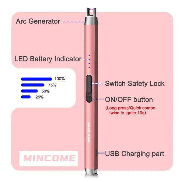 Alt view image 2 of 7 - candle Lighter, Rechargeable USB Long Lighters, Windproof Flameless Lighte with LED Power Display Safety Switch, Arc Electric Lighters for Candle Birthday Camping BBQ(Rose Gold)