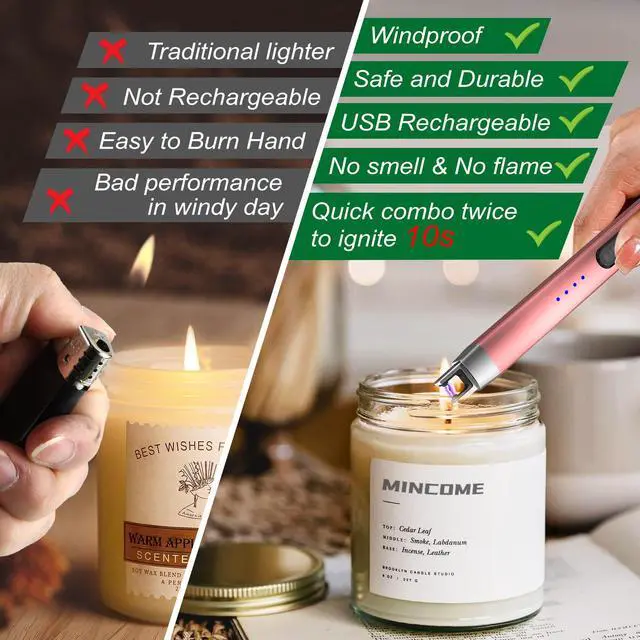 Alt view image 3 of 7 - candle Lighter, Rechargeable USB Long Lighters, Windproof Flameless Lighte with LED Power Display Safety Switch, Arc Electric Lighters for Candle Birthday Camping BBQ(Rose Gold)