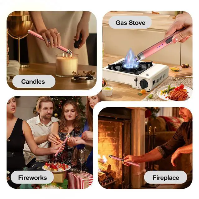Alt view image 5 of 7 - candle Lighter, Rechargeable USB Long Lighters, Windproof Flameless Lighte with LED Power Display Safety Switch, Arc Electric Lighters for Candle Birthday Camping BBQ(Rose Gold)