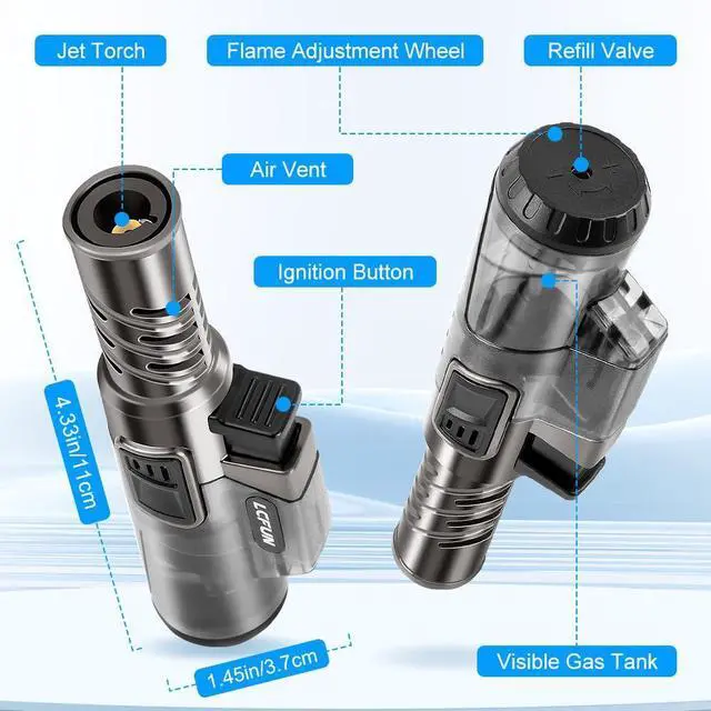 Alt view image 2 of 7 - LcFun Torch Lighter 2 Pack Windproof Adjustable Single Jet Flame Butane Lighter Refillable Gas Lighter for Candle Camping Grill BBQ Fireplace (Butane Not Included)