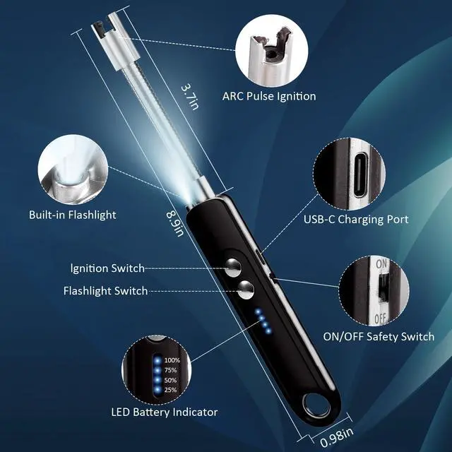 Alt view image 2 of 7 - Lighters for Candle,Flameless Plasma Arc Electric Lighter USB C Rechargeable, Long Flexible Neck with Safety Switch for Birthday, Fireplace, Stocking Stuffers Gifts (Black)