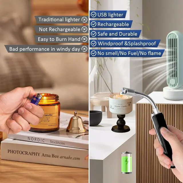 Alt view image 3 of 7 - Lighters for Candle,Flameless Plasma Arc Electric Lighter USB C Rechargeable, Long Flexible Neck with Safety Switch for Birthday, Fireplace, Stocking Stuffers Gifts (Black)