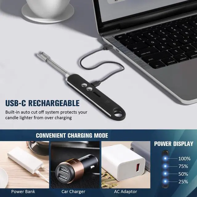 Alt view image 4 of 7 - Lighters for Candle,Flameless Plasma Arc Electric Lighter USB C Rechargeable, Long Flexible Neck with Safety Switch for Birthday, Fireplace, Stocking Stuffers Gifts (Black)