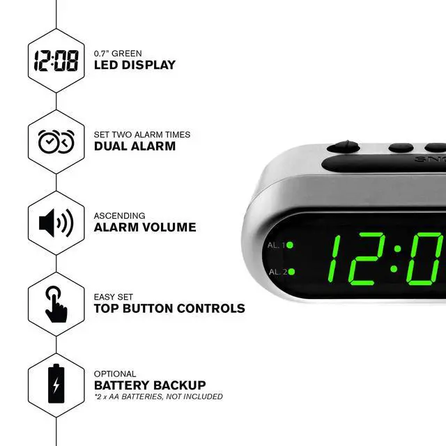 Alt view image 2 of 6 - Digital Alarm Clock - Ascending Alarm Begins Faintly and Grows Increasing Louder, Gentle Wake Up Experience, Dual Alarm - Battery Back-up, Easy to Use with Simple Operation (Brushed Silver)