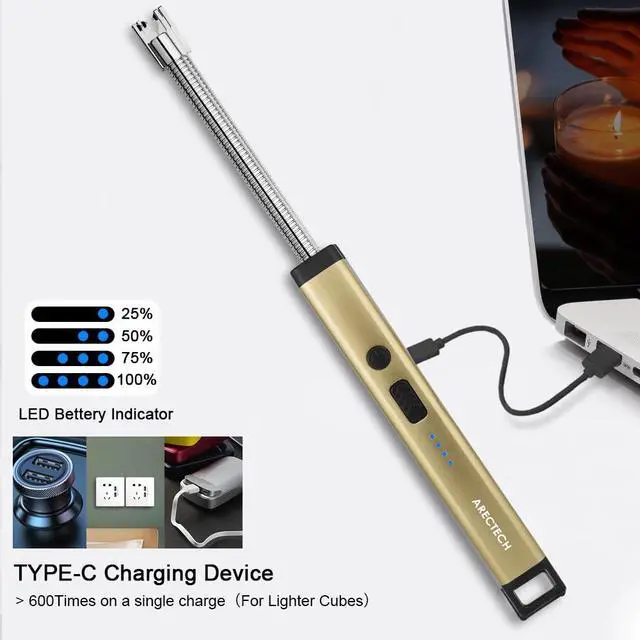 Alt view image 5 of 7 - ARECTECH Candle Electric Lighter Rechargeable USB Arc Lighters for Candle Camping Fireworks Christmas Birthday Gifts with LED Light for Men Women Gold