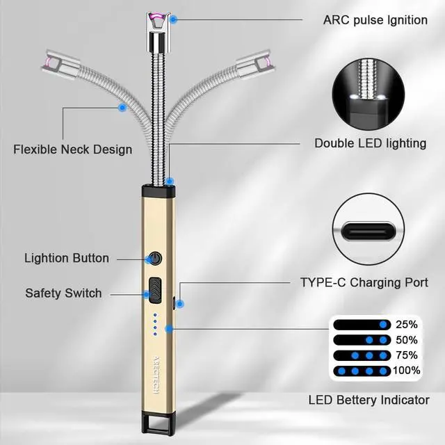 Alt view image 3 of 7 - ARECTECH Candle Electric Lighter Rechargeable USB Arc Lighters for Candle Camping Fireworks Christmas Birthday Gifts with LED Light for Men Women Gold