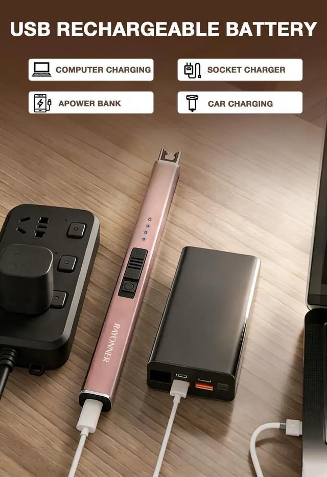 Alt view image 2 of 7 - RAYONNER Rechargeable Electric Candle Lighter Windproof Plasma Arc Lighter for Deep Jars BBQ Camping Flameless Fire Starter Christmas Stocking Stuffers Gift Rose Gold+Sierra Blue