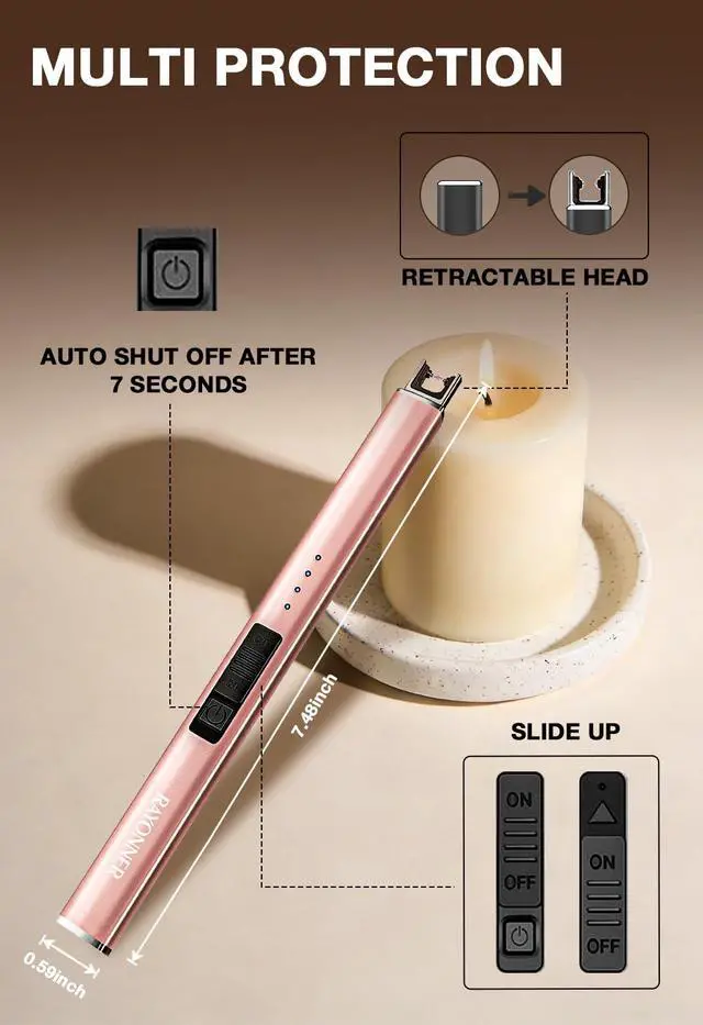 Alt view image 4 of 7 - RAYONNER Rechargeable Electric Candle Lighter Windproof Plasma Arc Lighter for Deep Jars BBQ Camping Flameless Fire Starter Christmas Stocking Stuffers Gift Rose Gold+Sierra Blue