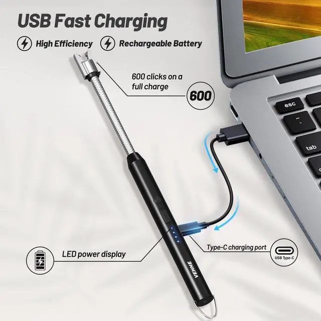 Alt view image 3 of 6 - AJIJING Electric Candle Lighter, Safty Lock, Long Flexible Neck, USB Type-C Port, Rechargeable Lighter, Windproof Flameless, Led Display, for Home Kitchen (Black)