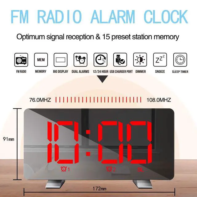 Alt view image 4 of 7 - Radio Digital Clock with USB Phone Charger 7.3'' LED Curved-Screen Display with Dimmer 2 Alarm Setting Radio Clock for Bedrooms Red