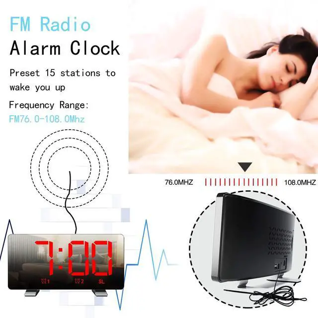 Alt view image 5 of 7 - Radio Digital Clock with USB Phone Charger 7.3'' LED Curved-Screen Display with Dimmer 2 Alarm Setting Radio Clock for Bedrooms Red