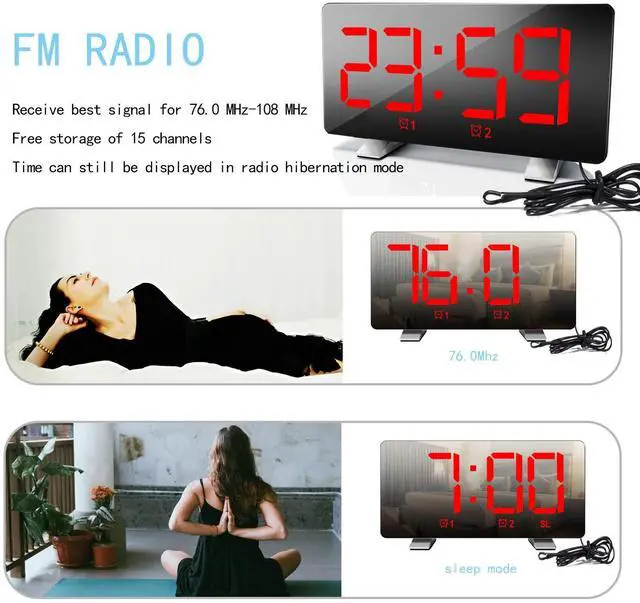 Alt view image 6 of 7 - Radio Digital Clock with USB Phone Charger 7.3'' LED Curved-Screen Display with Dimmer 2 Alarm Setting Radio Clock for Bedrooms Red