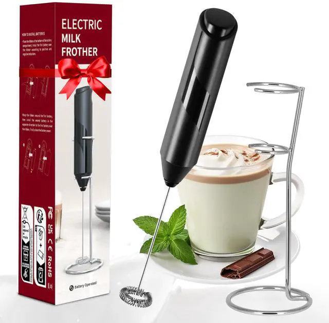 Main image of Milk Frother Handheld, Battery Operated Whisk Maker with Stainless Steel Stand Hand Drink Mixer for Coffee, Lattes, Cappuccino, Matcha, Black