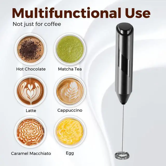Alt view image 3 of 3 - Milk Frother Handheld, Battery Operated Whisk Maker with Stainless Steel Stand Hand Drink Mixer for Coffee, Lattes, Cappuccino, Matcha, Black