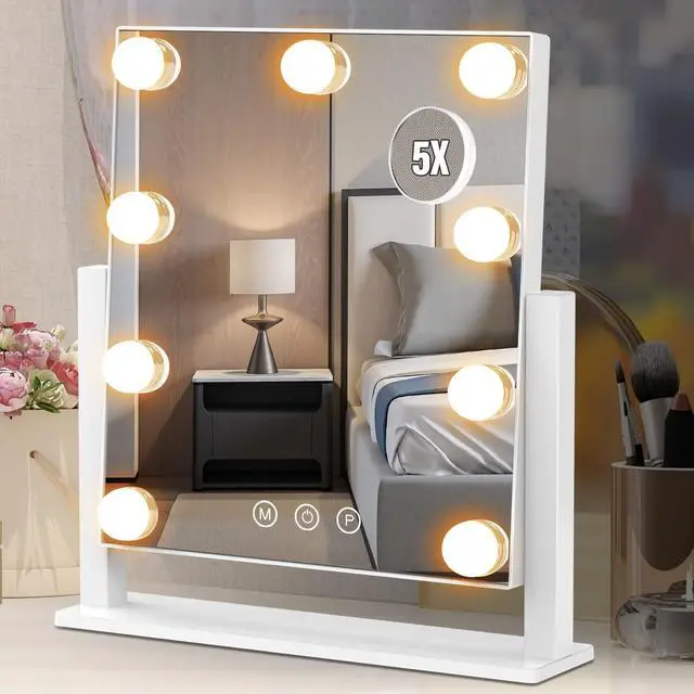Main image of Vanity Mirror with Lights, Hollywood Lighted Makeup Mirror with 3 Color Lighting Modes and 9 Dimmable Bulbs, Detachable 5X Magnification, Smart Touch Control, 360°Rotation, White