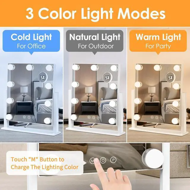 Alt view image 2 of 6 - Vanity Mirror with Lights, Hollywood Lighted Makeup Mirror with 3 Color Lighting Modes and 9 Dimmable Bulbs, Detachable 5X Magnification, Smart Touch Control, 360°Rotation, White