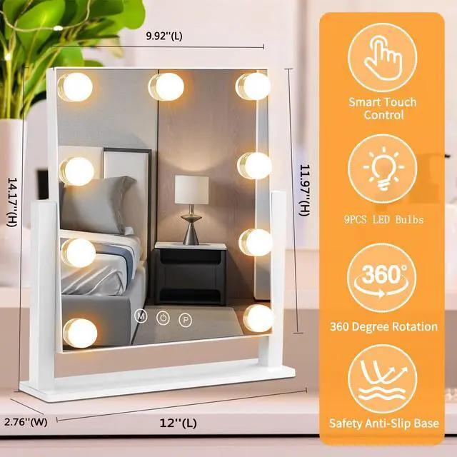 Alt view image 4 of 6 - Vanity Mirror with Lights, Hollywood Lighted Makeup Mirror with 3 Color Lighting Modes and 9 Dimmable Bulbs, Detachable 5X Magnification, Smart Touch Control, 360°Rotation, White