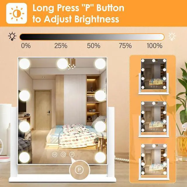 Alt view image 3 of 6 - Vanity Mirror with Lights, Hollywood Lighted Makeup Mirror with 3 Color Lighting Modes and 9 Dimmable Bulbs, Detachable 5X Magnification, Smart Touch Control, 360°Rotation, White