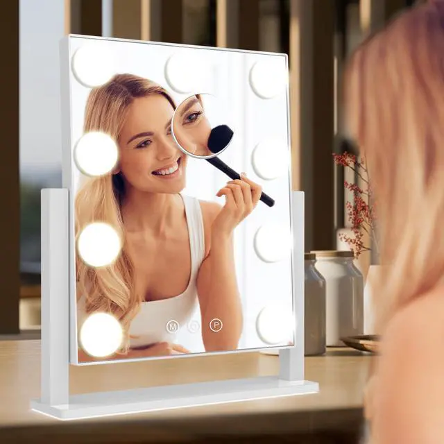 Alt view image 6 of 6 - Vanity Mirror with Lights, Hollywood Lighted Makeup Mirror with 3 Color Lighting Modes and 9 Dimmable Bulbs, Detachable 5X Magnification, Smart Touch Control, 360°Rotation, White