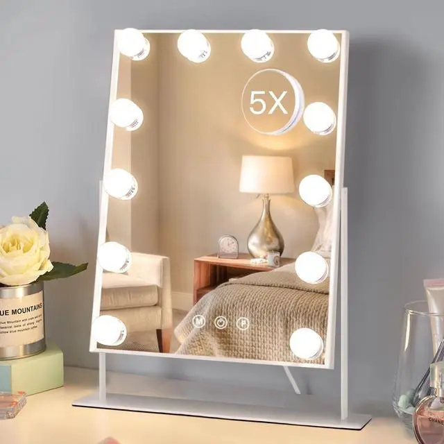 Main image of Hollywood Vanity Mirror with 12 Dimmable Bulbs Lights, Three Color Lighting Modes, and 5X Magnification, Smart Touch Control, 360°Rotation (White,Gift Box)
