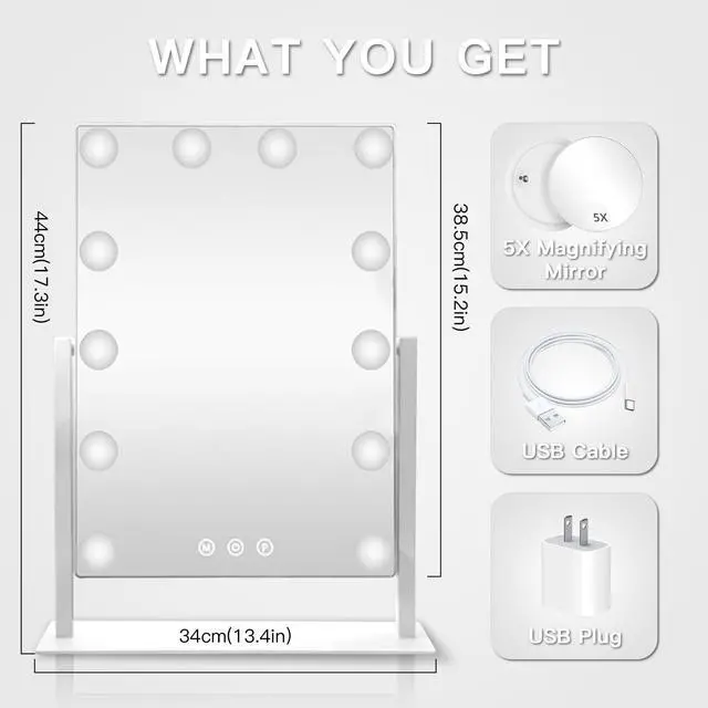 Alt view image 3 of 6 - Hollywood Vanity Mirror with 12 Dimmable Bulbs Lights, Three Color Lighting Modes, and 5X Magnification, Smart Touch Control, 360°Rotation (White,Gift Box)