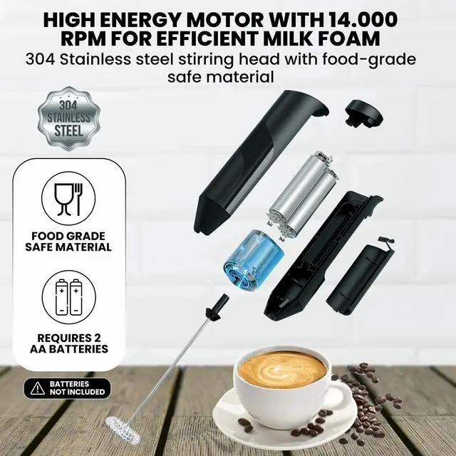 Alt view image 2 of 6 - Milk Frother Handheld Battery Operated with Stainless Steel Stand for Kitchen Coffee Bar - Coffee Maker Frother Wand for Latte Cappuccino - Protein Shaker - Hand Mixer Electric Handheld