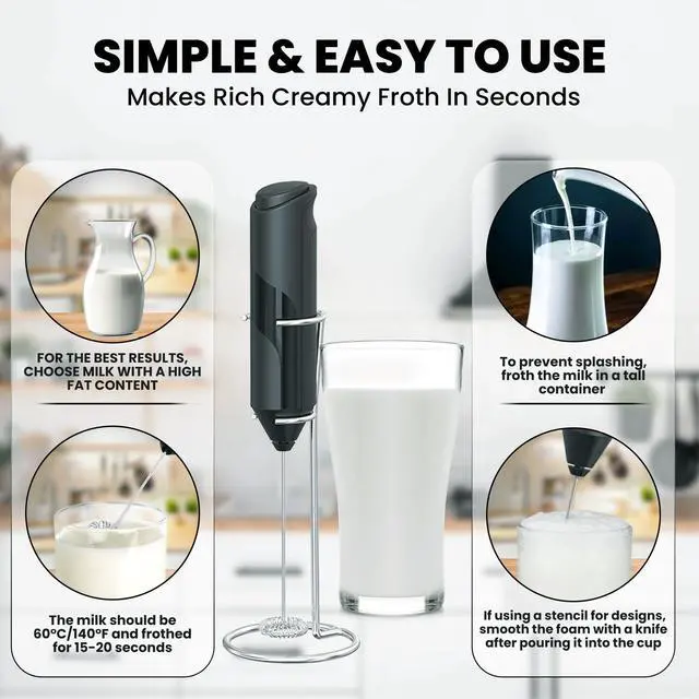 Alt view image 4 of 6 - Milk Frother Handheld Battery Operated with Stainless Steel Stand for Kitchen Coffee Bar - Coffee Maker Frother Wand for Latte Cappuccino - Protein Shaker - Hand Mixer Electric Handheld