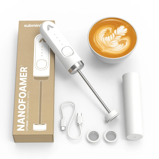 Main image of NanoFoamer Lithium Milk Frother Rechargeable Handheld Foamer | Milk Foamer NanoScreen Technology, USB-C Charging, Dual-Speed Control - White