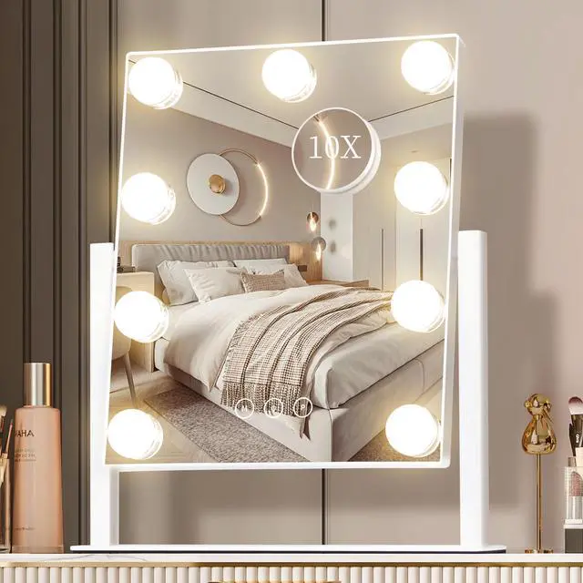 Main image of Vanity Mirror with Lights, Makeup Mirror with Lights,3 Color Lighting Modes Detachable 10X Magnification Mirror Touch Control,360°Rotation, White.