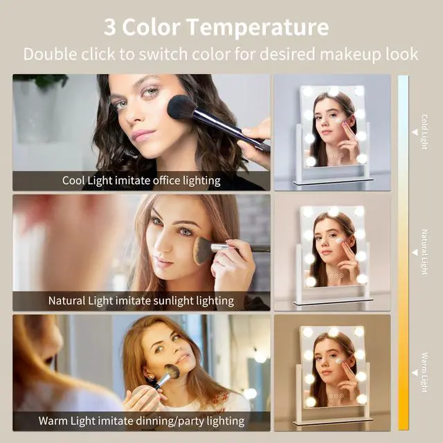 Alt view image 2 of 6 - Vanity Mirror with Lights, Makeup Mirror with Lights,3 Color Lighting Modes Detachable 10X Magnification Mirror Touch Control,360°Rotation, White.