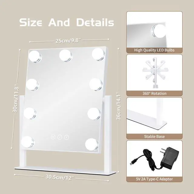 Alt view image 5 of 6 - Vanity Mirror with Lights, Makeup Mirror with Lights,3 Color Lighting Modes Detachable 10X Magnification Mirror Touch Control,360°Rotation, White.