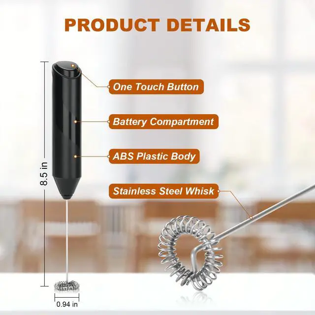 Alt view image 3 of 7 - Handheld Milk Frother, Battery Operated Electric Foam Maker, Milk Frother Wand Drink Mixer with Stainless Steel Whisk for Coffee, Matcha, Lattes, Cappuccino (Black)