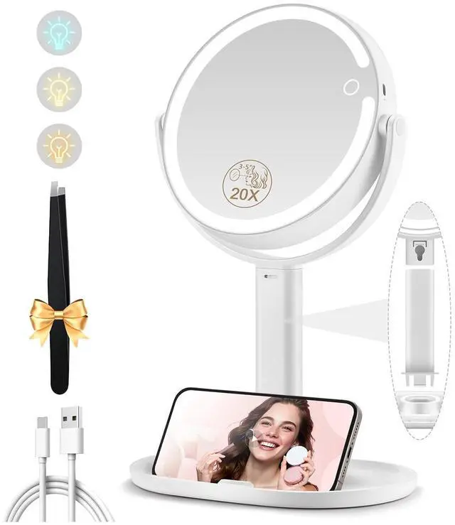 Main image of Makeup Mirror with Lights, Double Sided 1x/20x Magnifying Mirror with Light, Rechargeable 3 Color Lights and Adjustable Brightness, 360° Rotation Detachable Comes with Tweezer(White)